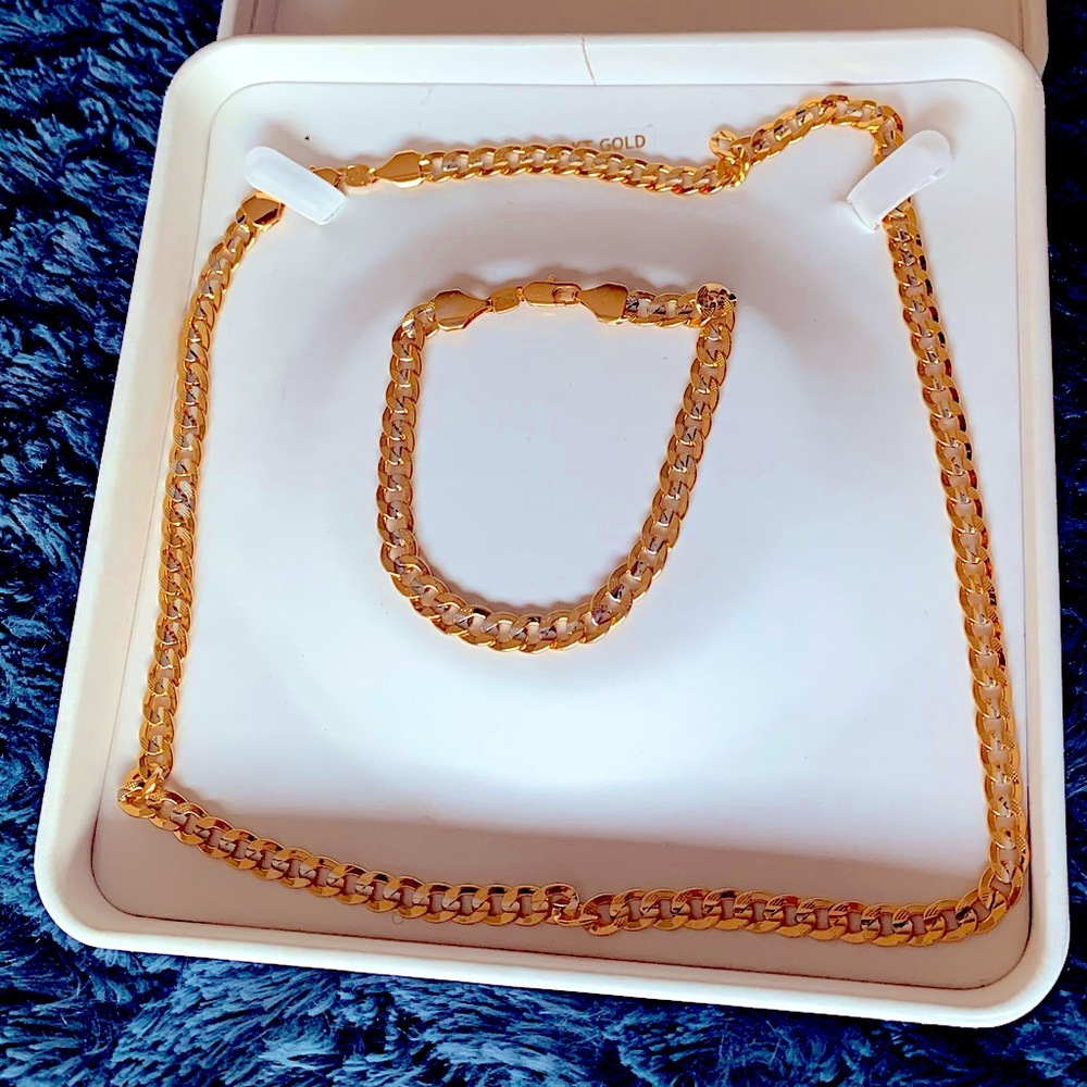 2 tone 18k gold plated chain necklace and bracelet set yellow and white gold